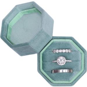 BLUTETE Velvet 3 Slots Jewelry Ring Box Engagement Wedding Box Keepsake Box Bridal Photo Ring Triple Slots Octagon (Emerald Green)