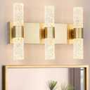 Gold Bathroom Light Fixture, Modern Brushed Vanity Light with, Crystal 6 Light Bathroom Vanity Light Fixtures Over Mirror, 27w LED Hardwired Wall Sconce, Warm White