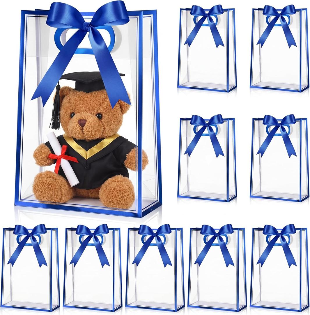 Aliceset Clear Plastic Gift Bag with Die Cut Handle Reusable PP Favor Bag with Ribbon for Graduation Wedding Bridal Birthday Baby Shower Party Small Business,10x7x3.15in(Royal Blue Foil,12 Pcs)
