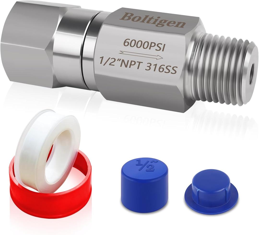 Boltigen 1/2 NPT One Way No Return Check Valve, High Pressure 6000PSI Spring Check Valve, Stainless Steel 316 In-line Ball Check Valve for Well, Pump, Tank, Backflow Prevention