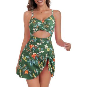 ZAFUL Women One Piece Swimdress Tummy Control Bathing Suit Push Up Swimsuit Modest Swimwear Cutout V Neck Cute Tie Knot Skirt (Small, Green Floral)