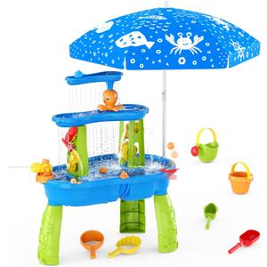 HYES Water Table for Toddlers 3-5, 3-Tier Kids Splash Sand Table Water Toys with Umbrella, Rain Showers Splash Pond for Outdoor Beach Backyard Summer, Activity Sensory Playset for Boys Girls, Blue