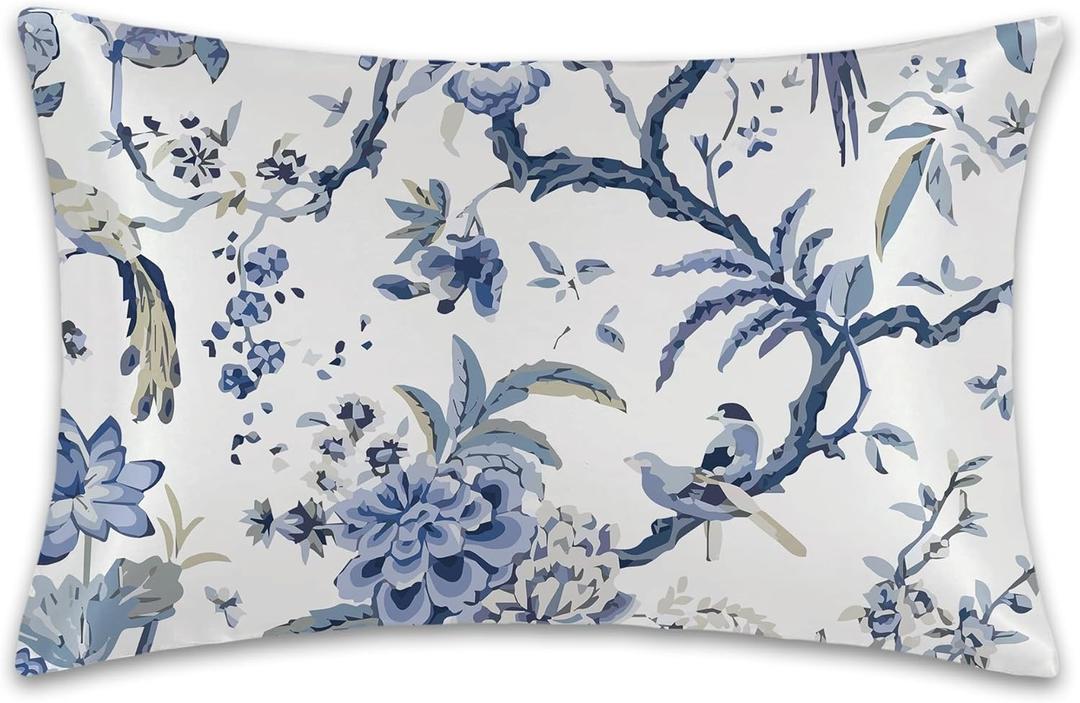 Blue White Flowers Birds Satin Pillow Case King Size,Soft Pillowcases for Hair and Skin Similar to Silk,Pillowcases with Hidden Zipper Bedding Accessories,20X36 Inches,1 Pack