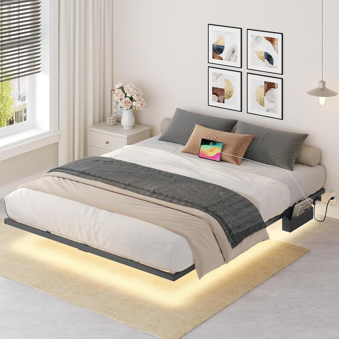 King Size Floating Bed Frame, Metal Platform Bed with Power Strip and LED Strip, Metal Bed Frame with Storage Box, Soundless, No Box Springs Needed, Black