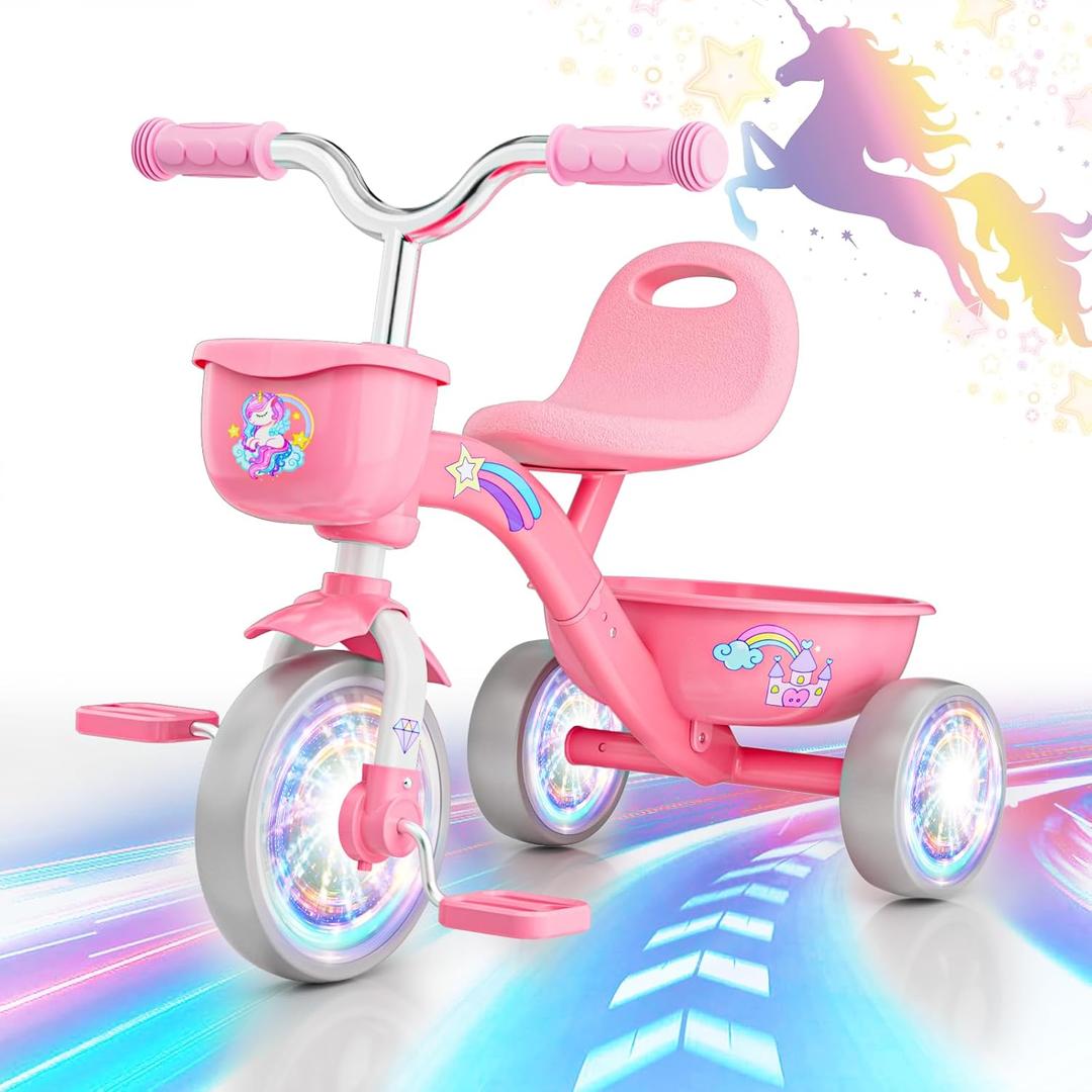 Tricycle for Toddlers 1-3 3-5 Year Olds, Unicorn Toddler Bike Baby Balance Bike with Colorful Lighting Wheels & Large Basket, Birthday Gift and Toy for 1 2 3 4 5 Year Olds Girls (Pink)