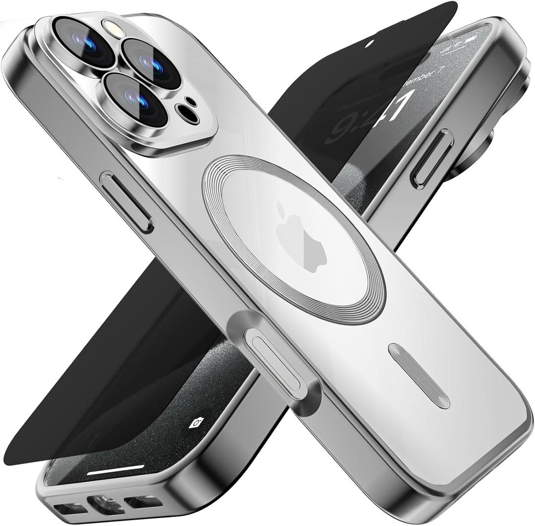 Misscase for iPhone 16 Pro Case with Privacy Screen Protectors,[Camera Lens Protector] Clear Magnetic Luxury Plating Case Compatible with MagSafe Elegant Anti-Scratch Case Cover Silver