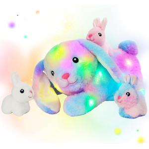 Hopearl LED Stuffed Rabbit Lighting Up Bunny Plush Toy Playset Mommy with 3 Babies in her Tummy Lullaby Animated Soothe for Mom Kids Toddler Girls, Rainbow, 12''