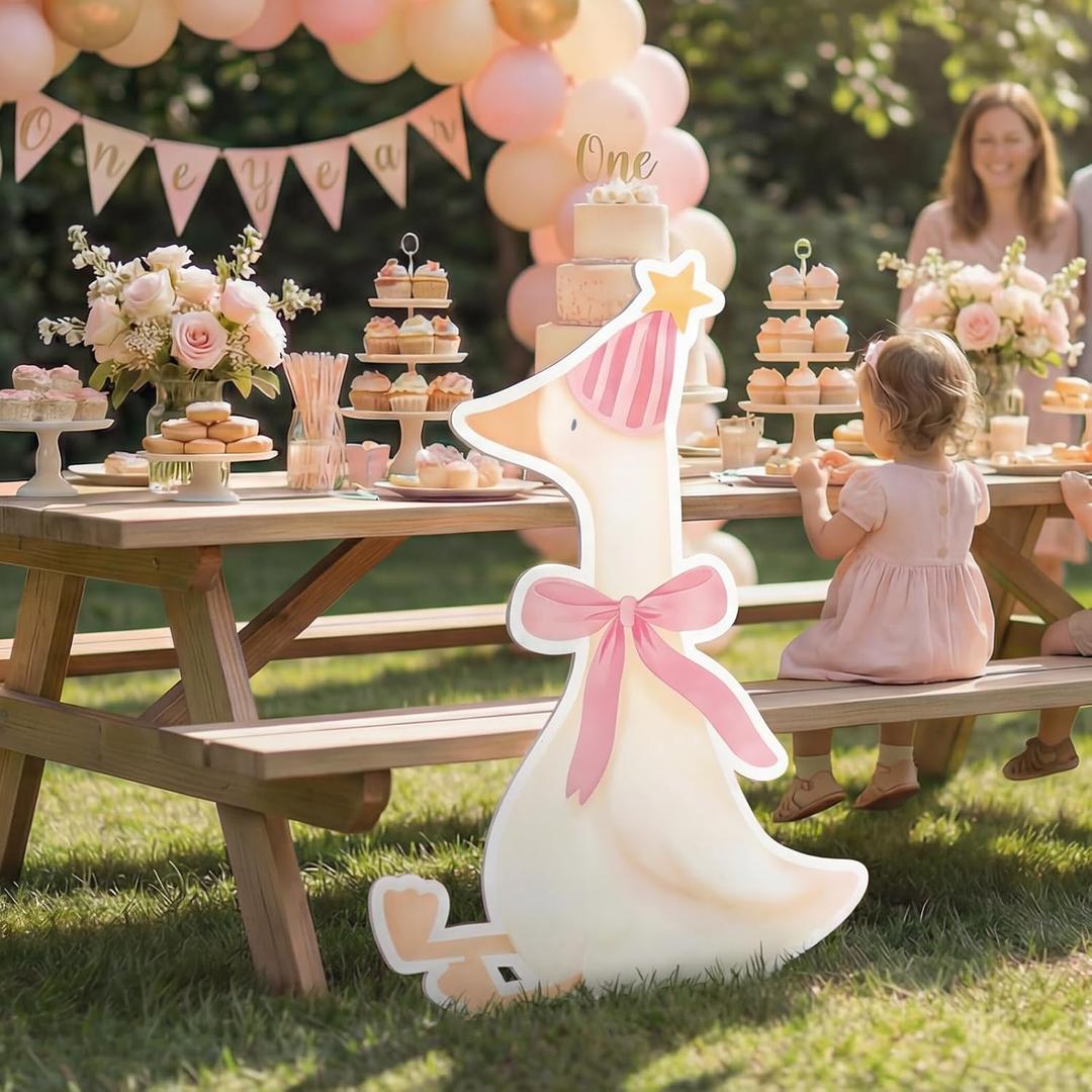 One Silly Goose Birthday Decorations Life Size Cardboard Cutout 35 x 24 Inch, Silly Goose Backdrop Stand Up for 1st Birthday Party, Baby Shower & Duck Farm Animal Birthday Photo Prop (Peach Pink)