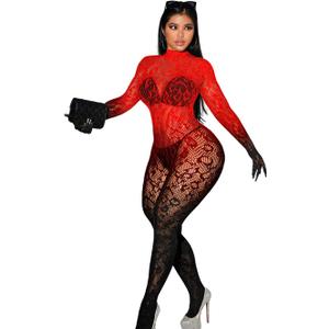 Sexy Lace Leopard Jumpsuit For Women, Fishnet Bodysuit Glow Party Club, Poster One Piece Mesh Full Body Rave Outfits (Gradient Red Black) One Size