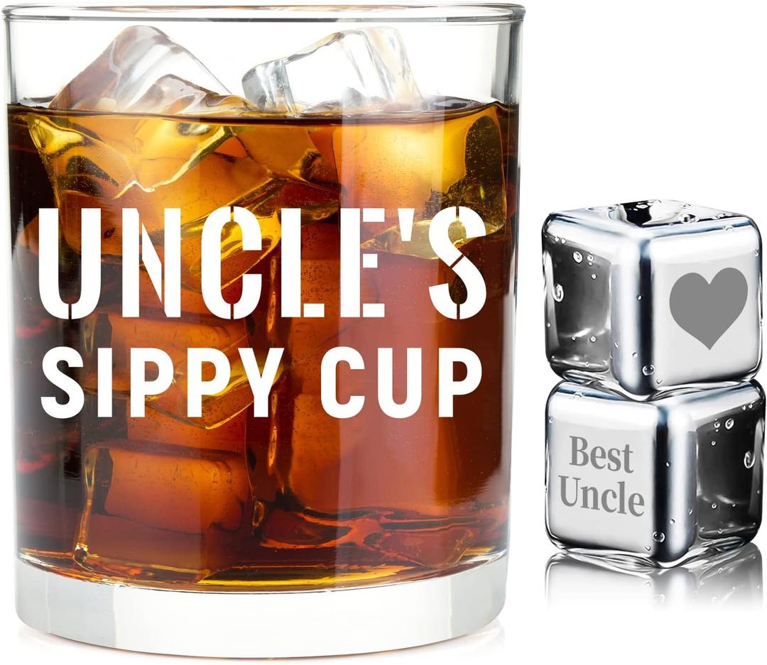 Uncle's Sippy Cup Engraved Whiskey Glass with 2 Engraved Ice Cube for Newly Promoted or New Uncle Father's Day Birthday Gift
