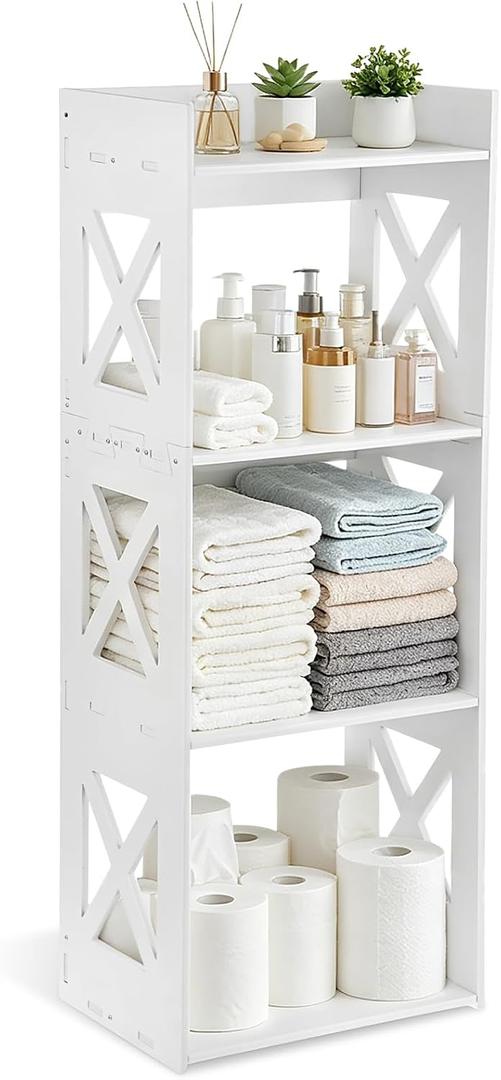 Small Bathroom Storage Corner Shelf, 4-Tier Bathroom Waterproof PVC Narrow Floor Stand, White Floor Freestanding Organizer for Bathroom, Living Room, Kitchen, Hallway, Toilet Side, Small Space