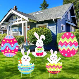 BreezeHug 5 Pack 14 Inch Easter Yard Signs Waterproof PP Material with Stakes, Jumbo Bunny & Egg Decor for Outdoor Lawn, Garden, Patio, Spring Party Holiday Display