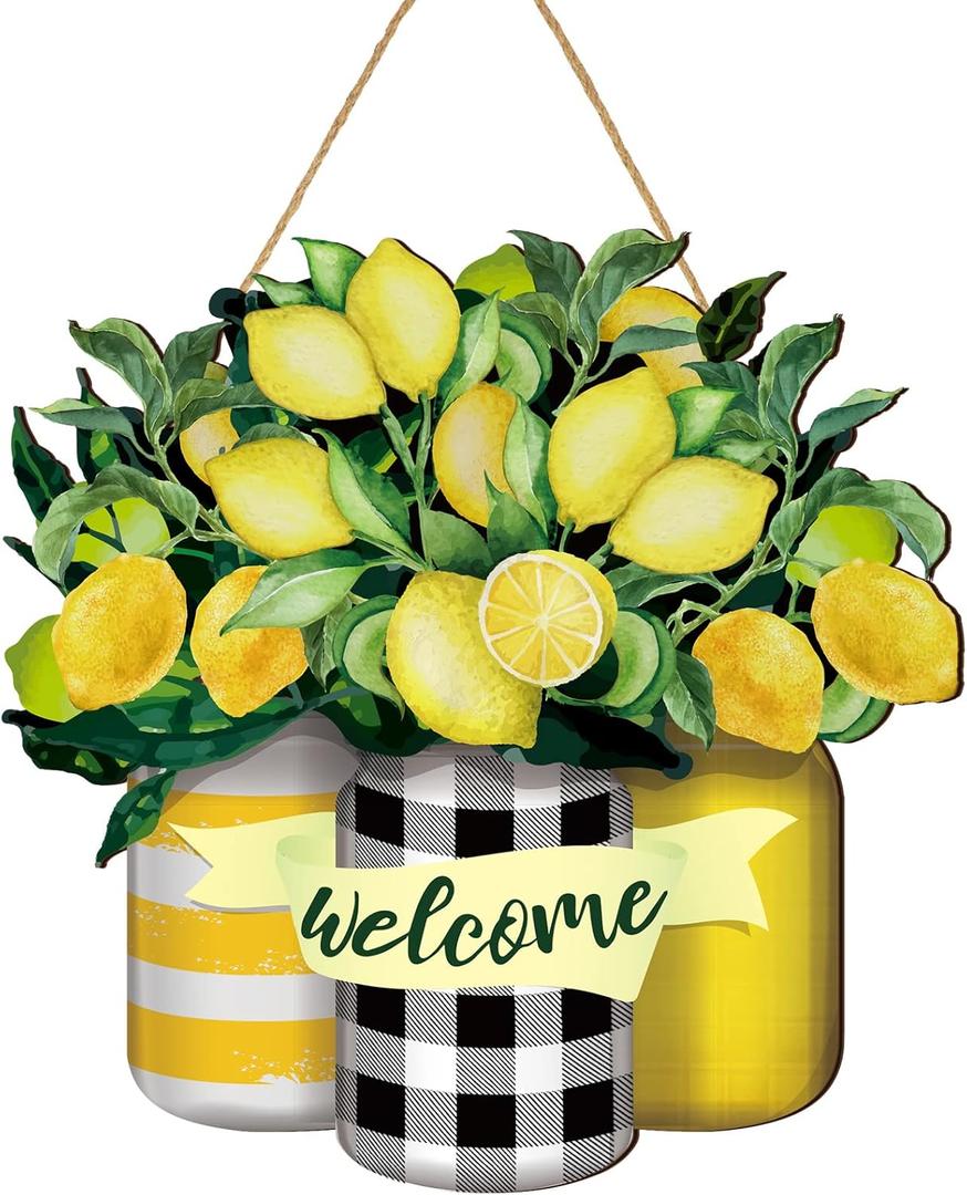 Karenhi Lemon Welcome Wooden Sign for Front Door Lemon Wooden Hanger Summer Door Sign Wood Spring Hanging Decorations Farmhouse Porch Decor for Outdoor Housewarming Gift