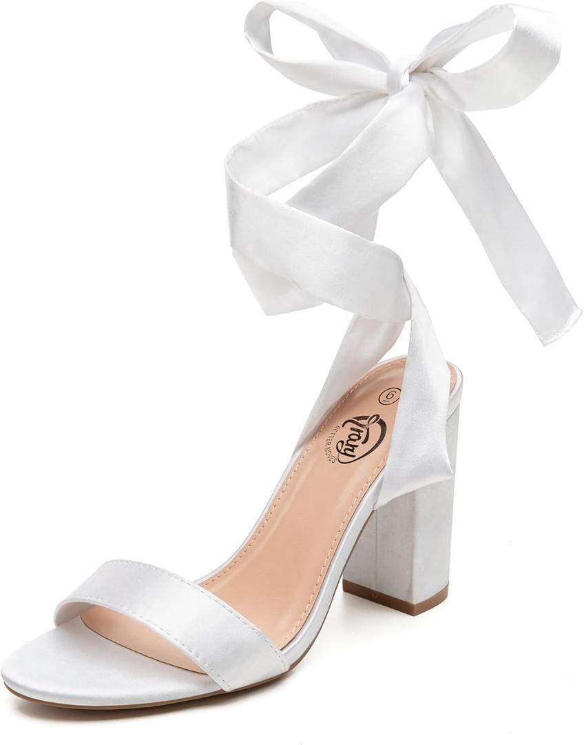 Trary Pink Purple Nude Red Black Heels for Women, Lace Up Chunky Heels for Women, Strappy Heels for Women Sandals, High Platform Stripper Heels, Comfortable Wide Width Tie Up Heels 3 Inch Open Toe (9, White)