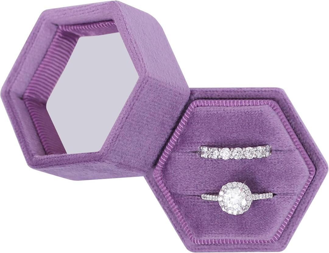 BLUTETE Hexagon Velvet 2 Slots Jewelry Ring Box Engagement Ring Box Wedding Day Detachable Lid for Proposal Engagement Wedding Ceremony (Lilac)