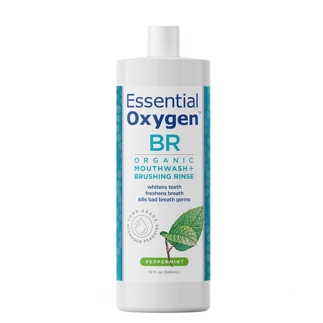 2 x Essential Oxygen Certified BR Organic Brushing Rinse, All Natural Mouthwash for Whiter Teeth, Fresher Breath, and Happier Gums, Alcohol-Free Oral Care, Peppermint, 32 Ounce