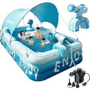 Inflatable Swimming Pool with Canopy & Air Pump & Inflatable Water Spray Gun, 118" Swimming Pool for Adults, Large Blow Up Pool Ideal for Family Backyard Garden Party, Outdoor Summer Fun