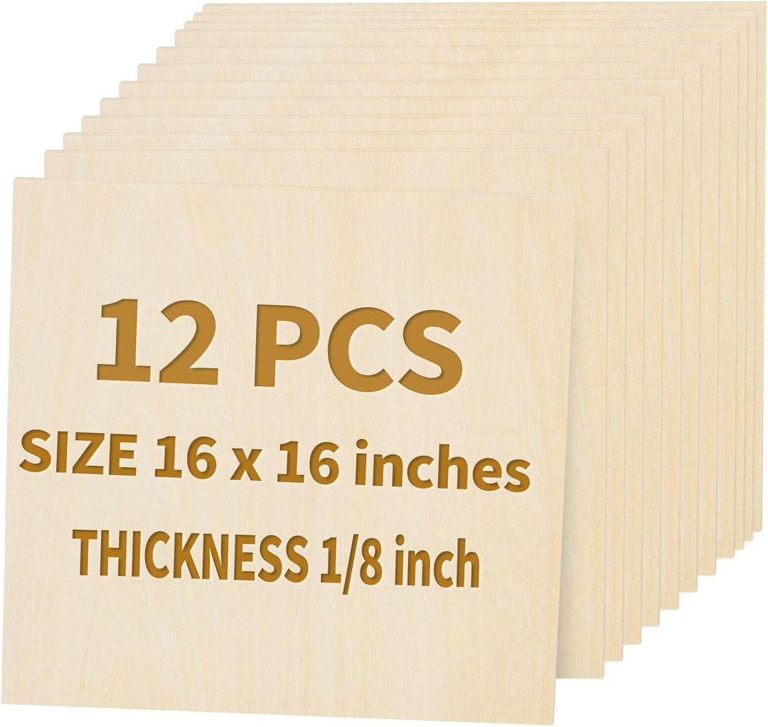 12 Pack Basswood Sheets for Crafts - 16 x 16 x 1/8 Inch - 3mm Thick Large Plywood Sheets Unfinished Bass Wood Boards for Laser Cutting, Wood Burning, Architectural Models, Staining