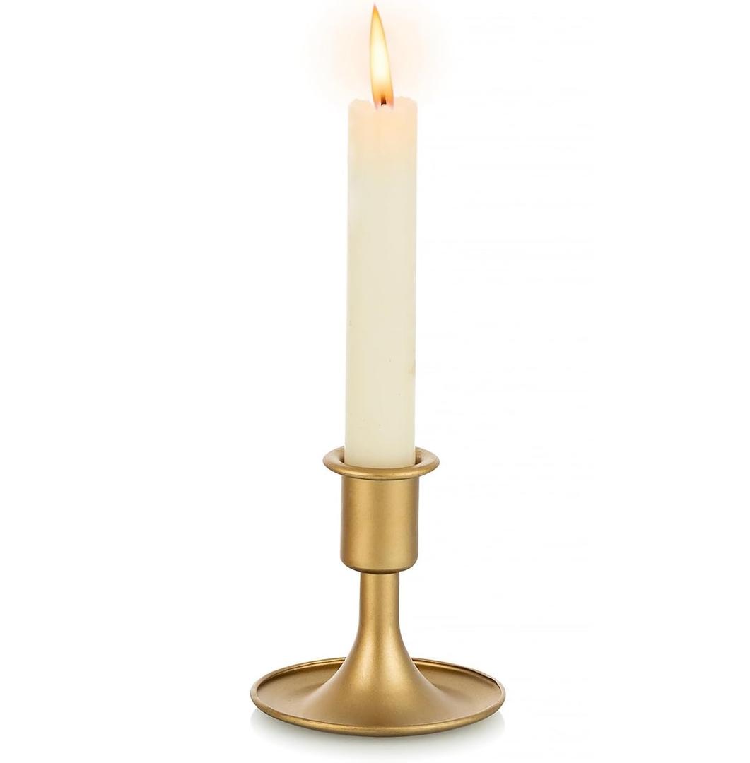 Gold Taper Candle Holder Set of 1, Hewory Short Skinny Brass Candlestick Holders, Vintage Small Low Metal Candles Sticks for Wedding Centerpieces Christmas Birthday Party Holiday Dinning Table Decor