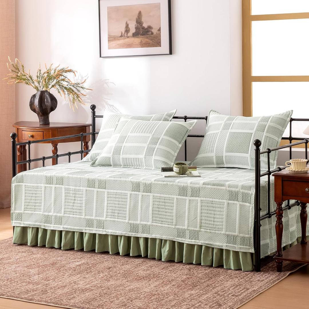 SLEEP ZONE 5 Pcs Daybed Cover Set Asymmetric Lattice Quilting Cozy All Season Soft Daybed Comforter Bedding Set with Bedskirt, Matching Sham, 75" 39", Mint Green
