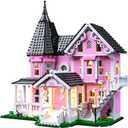 Pink Palace House Building Set with Lights, Halloween Haunted House Blocks Toy, Halloween House Kit for Kids Adults, Compatible with Lego, Christmas for Girls and Boys, Aged 8+ (1349PCS)