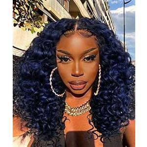 BlackSwern Blue Wigs, Curly Lace Front Wigs Pre Plucked, HD Glueless Lace Curly Wig for Black Women, Big Curly Wig Blue Color