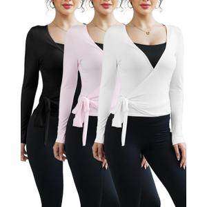 3 Pack Women Ballet Pilates Wrap Tops Y2K Workout Yoga Wrap Shirts Dance Long Sleeve Tie Front Crop Going Out Tops, Small, Black, Pink, White)