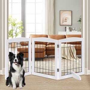 LZRS 3-Panel Freestanding Adjustable Wooden Dog Gate30" Tall Foldable Pet Barrier with Support Feet, Chew-Resistant Solid Hardwood & Steel Wire Safety Fence for Doorways, Hallways, and Stairs, White