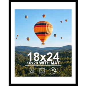 JCJMY 18x24 Picture Frame with 16x20 Mat, Display Photo 16x20 with Mat or 18 x 24 Without Mat, Wall Hanging Large 18 by 24 Poster Frame with Plexiglass, Black