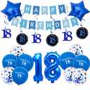 Pargleev 18th Birthday Party Decorations for Boys Girls in Blue Comprise Balloons with Swirl Decorations, A Happy Birthday Banner, A Set of 16-Inch "18" Numbers and Star Foil Balloons in Blue.