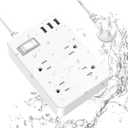 Jgstkcity Outdoor Waterproof Power Strip, 4 Flat Plug Outlets and 3 USB Ports, Mountable Weatherproof Surge Protector, Multi Outlet Extension for Camping, Garden, Kitchen, Bathroom, 6ft Cord (White)