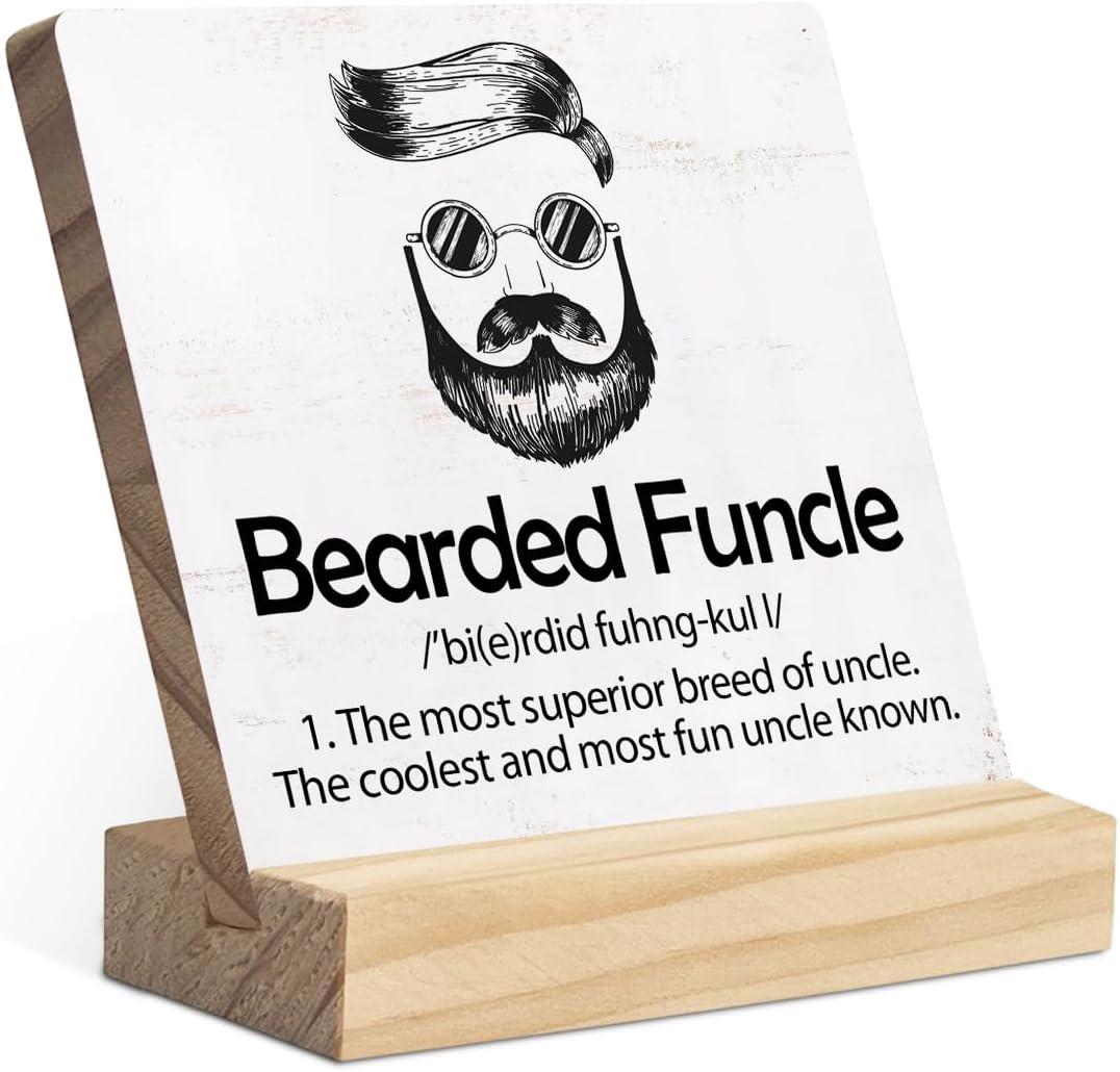2 x EIONEY Uncle Gifts from Niece Nephew,Funny Bearded Funcle Wood Plaque Sign with Wooden Stand,Father's Day Birthday Gift for Uncle,Desk Decor for Living Room Bedroom Shelf Tabletop Decorations (Multi3)