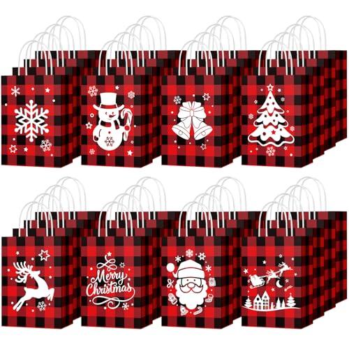 Yeaqee 80 Pcs Christmas Gift Bags Bulk Small Size Merry Christmas Xmas Kraft Goodie Bags with Handles Holiday Gift Wrapping Paper Bag for Kids Party Supplies 8.3 x 5.9 x 3.15''(Plaid)