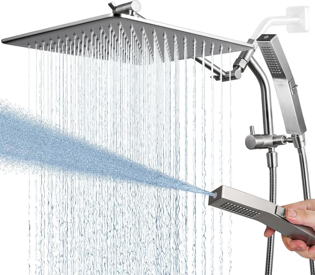 G-Promise All Metal 12 Inches Rain Shower Head with Handheld Built-in Power Wash Mode, 3-way Diverter with Pause Setting, 11 Inches Adjustable Extension Arm with Lock Joint, Long Hose (Brushed Nickel)