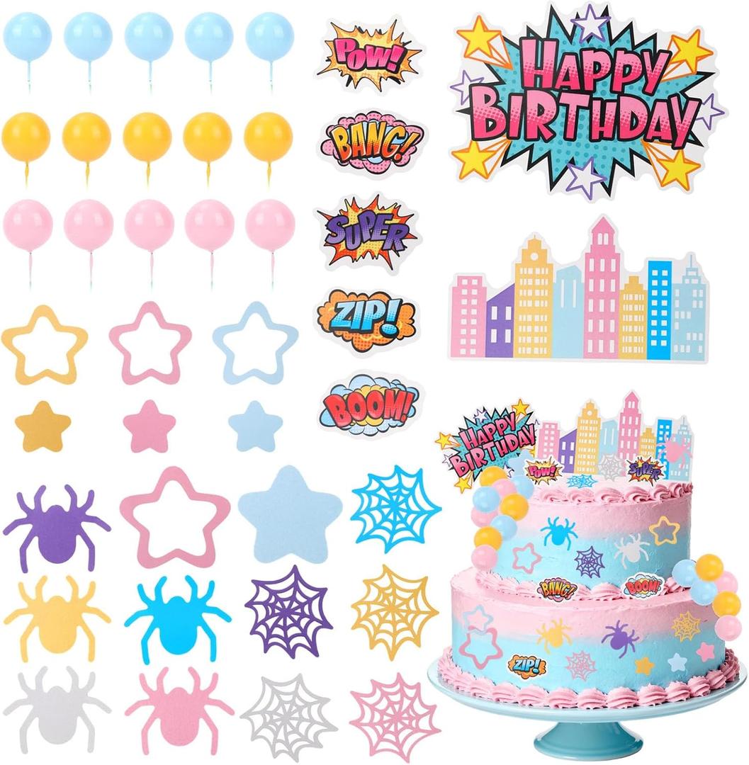 61pcs Spider Theme Cake Toppers, Multicolored Cartoon Theme Cake Decorations Include Foam Balls Stars Webs City Patterns for Boys Girls Birthday Party Favors