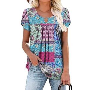 onlypuff Womens T Shirts Short Sleeve Pleated Floral Tunic Tops Dressy Casual Crew Neck Summer Boho Tops Blouses, Size 2XL
