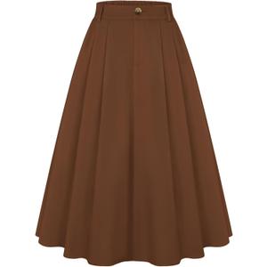 Belle Poque Women Vintage Pleated Skirt with Pockets A Line Midi High Elastic Waist Flared Skirt for Office Daily (Brown)