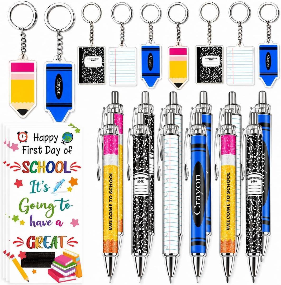 24 Back to School Gifts Bulk, 12 Pens & 12 Keychains with Cards