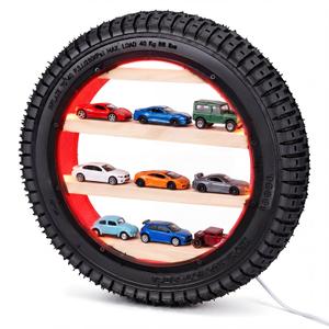 Yalikop 12 Inches Wheels Wall Display, LED Lighted Tire-Shaped Wooden Display Shelf with Wall Mount or Desk Placement, Toy Car Shelves for Collectors Race Car Room Decor (Natural)