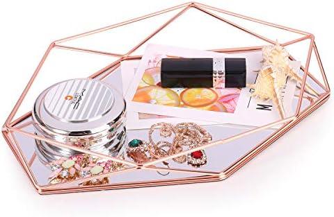 Decorative Tray Mirrored Metal Ornate Vanity Jewelry Cosmetic Table Organizer Storage Geometric Prisma Tray Desk Countertop Decor Gift Nordic Simple Style (Rose Gold)