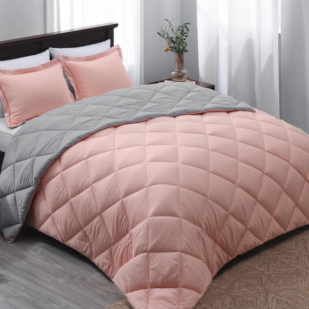 Basic Beyond Queen Comforter Set - Pink and Grey Comforter Set Queen, Reversible Bed Comforter Queen Set for All Seasons, Baby Pink/Grey, 1 Comforter (88"x92") and 2 Pillow Shams (20"x26"+2")
