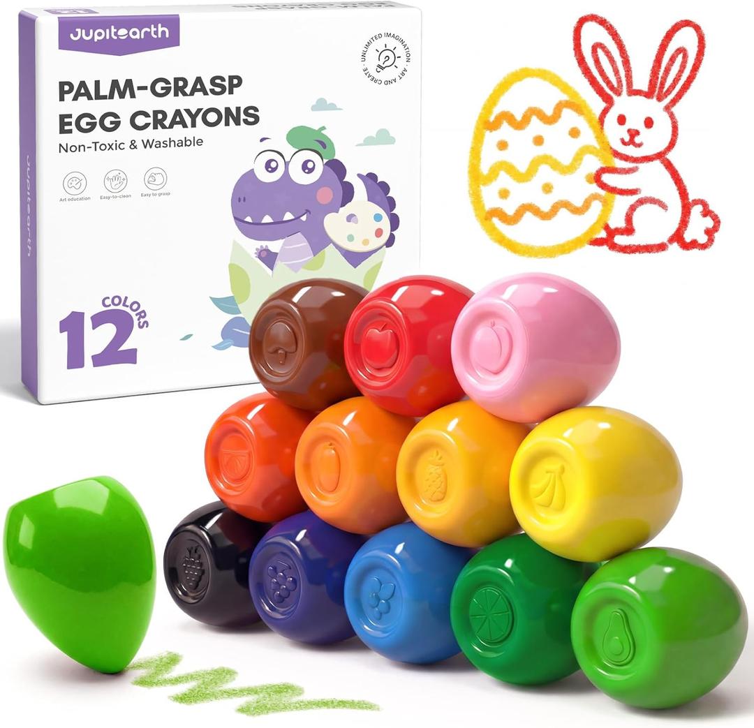 JUPITEARTH 12 Colors Egg Crayons for Toddlers 1-3, Palm-Grasp Non Toxic Jumbo Washable Crayons for Kids, Fat Brain Toys for Preschool Art Supplies and Perfect Easter Gifts for Boys and Girls