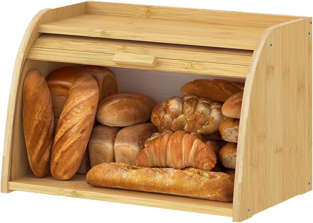Kitsanery Bread box for kitchen countertop, Bamboo bread storage, Roll-Top Bread Container, Farmhouse Bread Holder for Homemade Bread ( Single Layer)