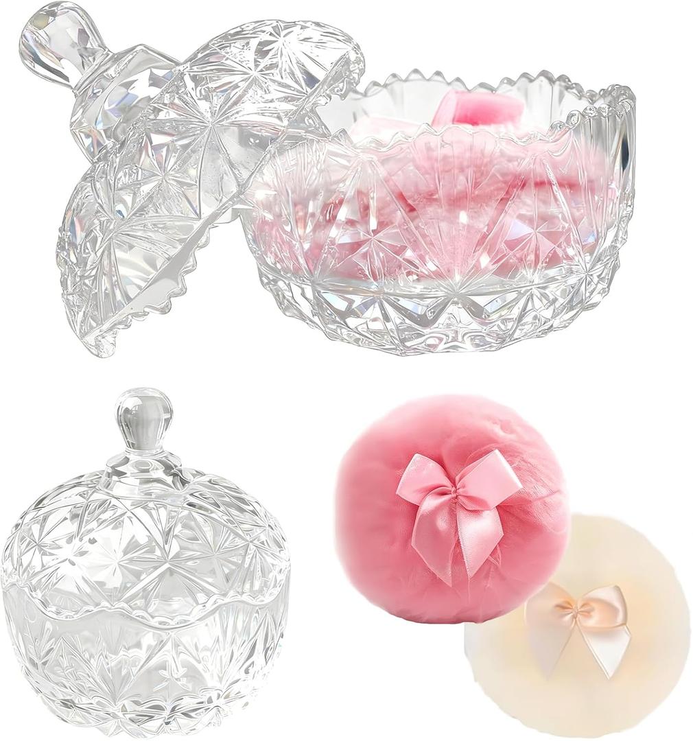 3pcs Large Body Powder Puff and Container, 2PCS Soft Washable Reusable Powder Puff and Clear Glass Powder Container, Large Dusting Powder for Women Face Body Puff