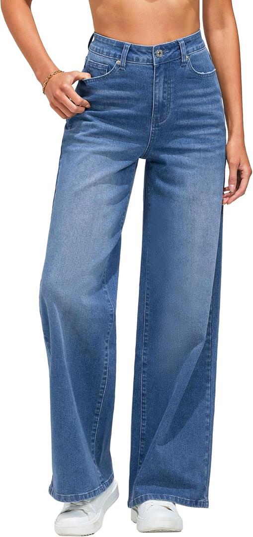 GRAPENT Wide Leg Jeans for Women Trendy High Waisted Stretchy Denim Pants 90s Baggy Jeans Trouser Jeans with Pockets (Medium, Fresh Bright Blue)