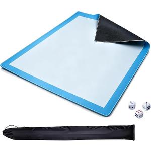 31.5in Blue Multi-Purpose Mahjong Mat, Poker Board Game & DIY Desk Pad | Plain Solid Neoprene Mahjong Mat | Waterproof, Quiet, Non-Slip for tiles, Dominoes, cards, Office Guard, With Bag & 4 Dice