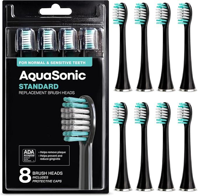 AquaSonic Genuine Standard Replacement Brush Heads | ADA Accepted | for Normal & Sensitive Teeth | Compatible with Many AquaSonic Toothbrush Handles (8 Pack Black)
