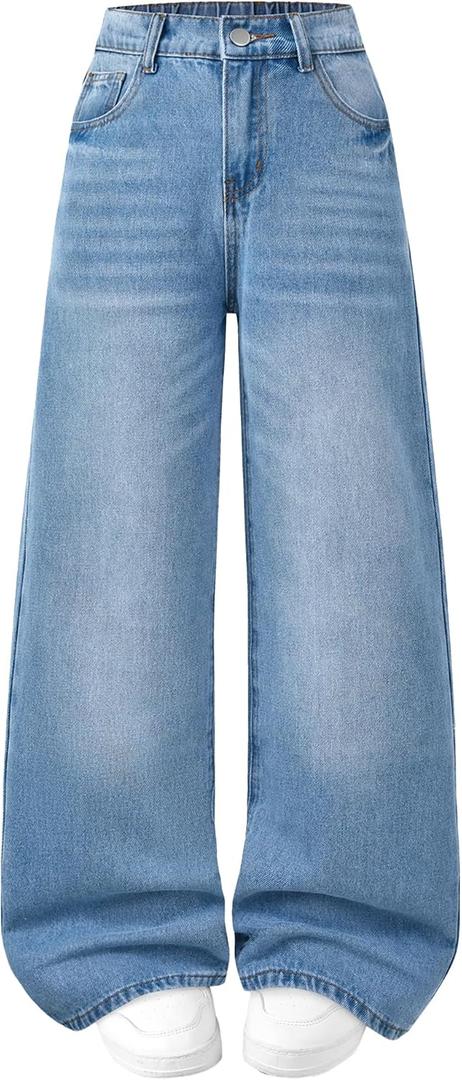 Jeans for Girls Baggy Wide Straight Leg High Waisted Tween Denim Pants Y2k Size 12 Skater Light Blue Streetwear