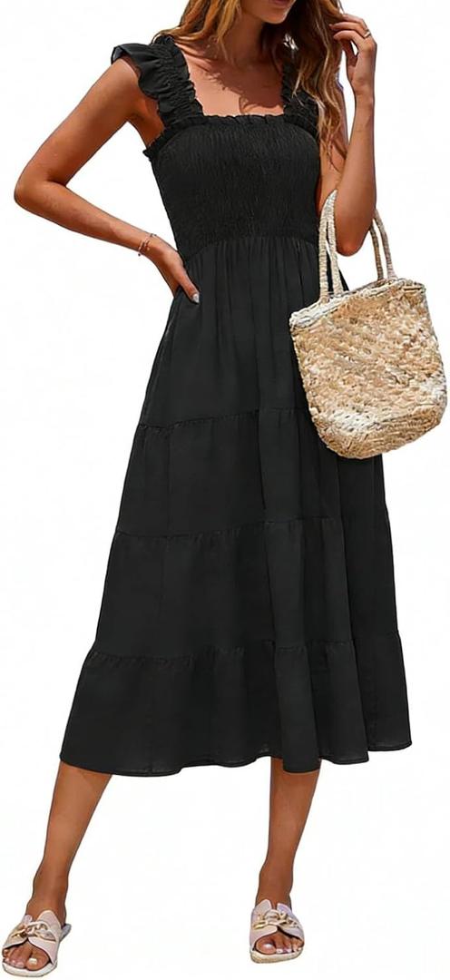 Roylamp Womens Summer Sleeveless Maxi Dress Square Neck Smocked Boho Casual Ruffle Strap Flowy A-Line Long Beach Sundress. Small