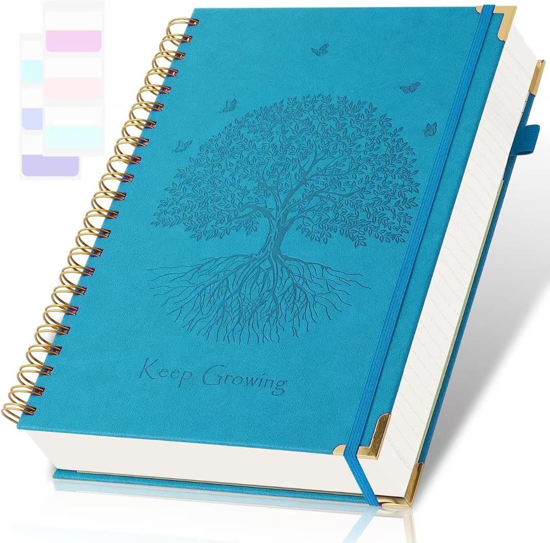 Spiral Notebook, College Ruled Notebook, 8" x 10", 300 Pages Leather Journals for Writing, B5 Hardcover Journaling Notebooks for Work School, 24pcs Tabs, Large Embossed Journal for Women Men, Blue2